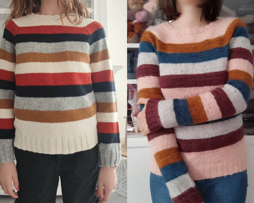 Pull Ophrys et Ophrys Little - Patrons de pulls raglans à rayures - Femme et enfants - Patron tricot - Maloraé Designs - Résumé de mars 2023