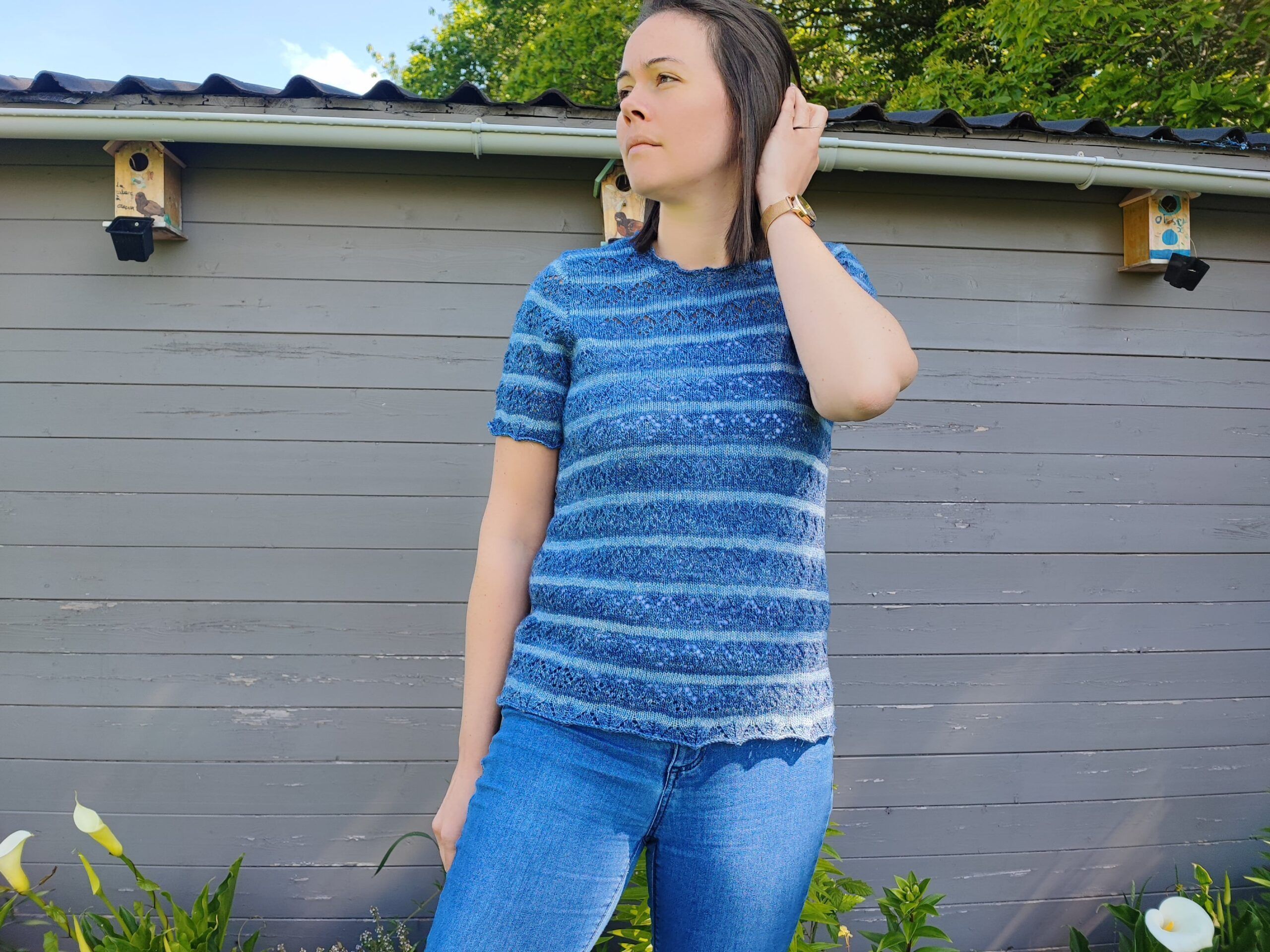 Tricyrtis, un tee-shirt tricoté en dentelle et rayures ! - Patron de tricot - Maloraé Designs