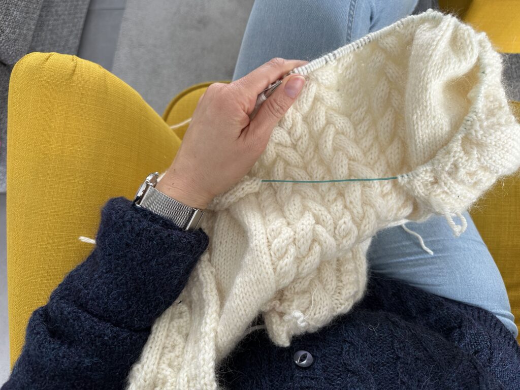 Résumé avril 2024 – De jolis tricots sur mes aiguilles ! - Diosma - Gilet à torsades pour femme - Patron de tricot femme - Maloraé Designs