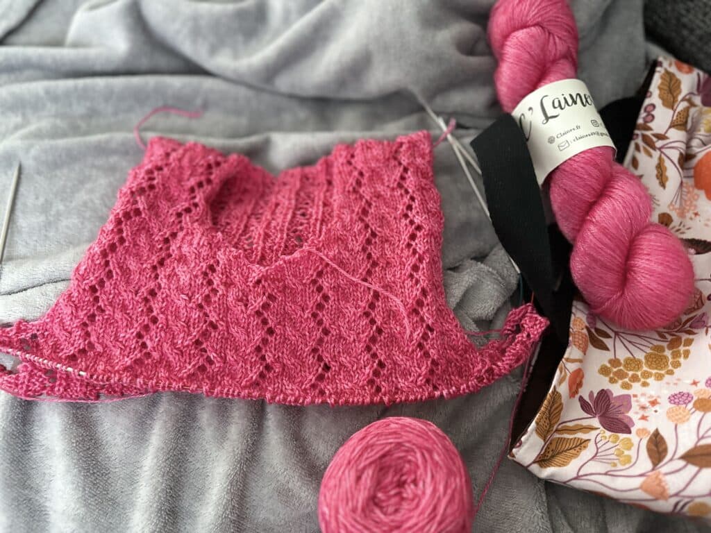 Débardeur au tricot - Patron pour femme en dentelle et torsades - Résumé de février 2025 - Les coulisses - Maloraé Designs