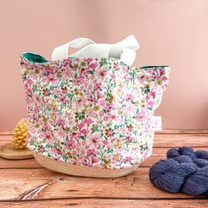 Paniers à projets tricot nomade - Fleurs roses - Taille M - Accessoires tricot - Maloraé Designs